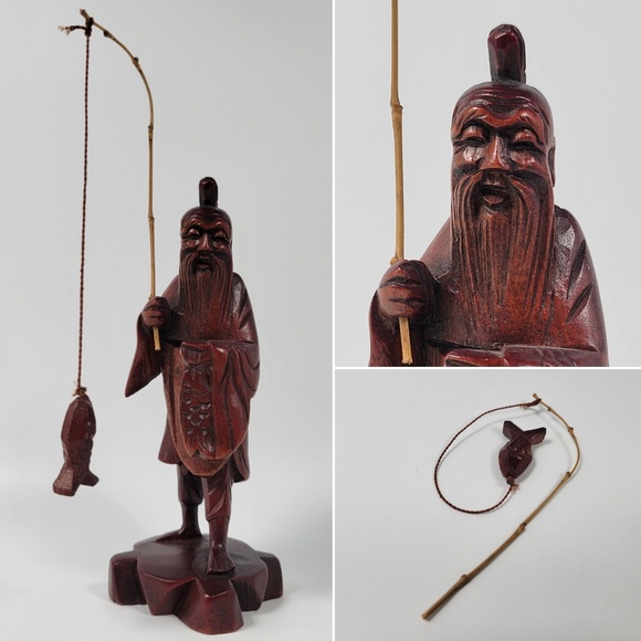 Art | Vtg Hand Carved Wooden Asian Chinese Fisherman Sculpture Figure ...